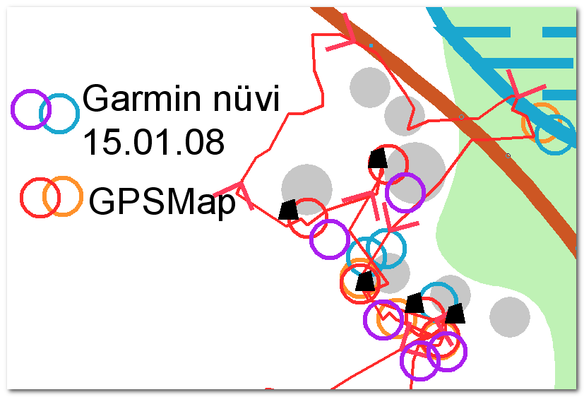 GPSmap 60CS + antenni: - Ensimmäisen (violetti) kerran jäljiltä kivet tulleet sattumalta melko hyvin marssitahdilla - Toisella kertaa (punainen)