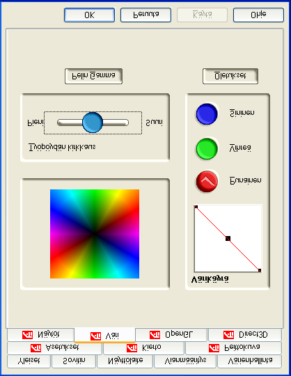 11 ATI Väri -välilehti ATI Väri -välilehdellä säädetään väriasetuksia. Punaisen, vihreän ja sinisen näyttövärejä voidaan muuttaa.