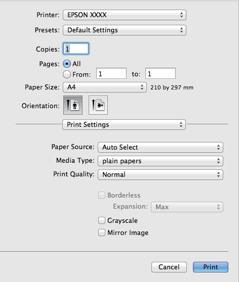 Tulostus F Valitse ponnahdusvalikosta Print Settings (Tulostusasetukset). G H I J K Valitse asianmukainen Paper Source (Paperilähde) -asetus.