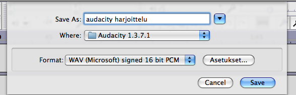 Tallentaminen wav-tiedostoksi Klikkaa "Tiedosto" ja "Vie...". Nyt avautuu ikkuna, jonne voit laittaa tiedot tallenteestasi (klikkaa vain "OK", jos et halua lisätä tarkempia tietoja jutustasi).