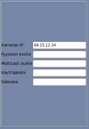 5.3.16 5.3.17 5.3.18 5.3.19 5.3.20 IP -kameroille aukeaa lisäksi lisäikkuna 5.3.16 Kameran IP 5.3.17 Fyysinen osoite, MAC -osoite (ei pakollinen) 5.3.18 Moniyhteys IP -osoite (Multicast) 5.3.19 Kameran käyttäjätunnus, 5.