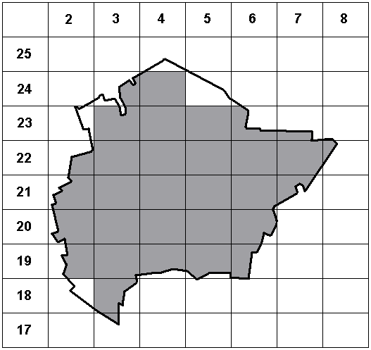 3.2 Kartoitustulosten pohjalta vedettävät lajikohtaiset johtopäätökset 3.2.1 Pohjanlepakko, Eptesicus nilssoni Kaavio 2: Pohjanlepakkoja havaittiin kaikkialla Raisiossa Karttaruudut, joissa pohjanlepakoita havaittiin Raision alueella, on esitetty kaaviossa 2.