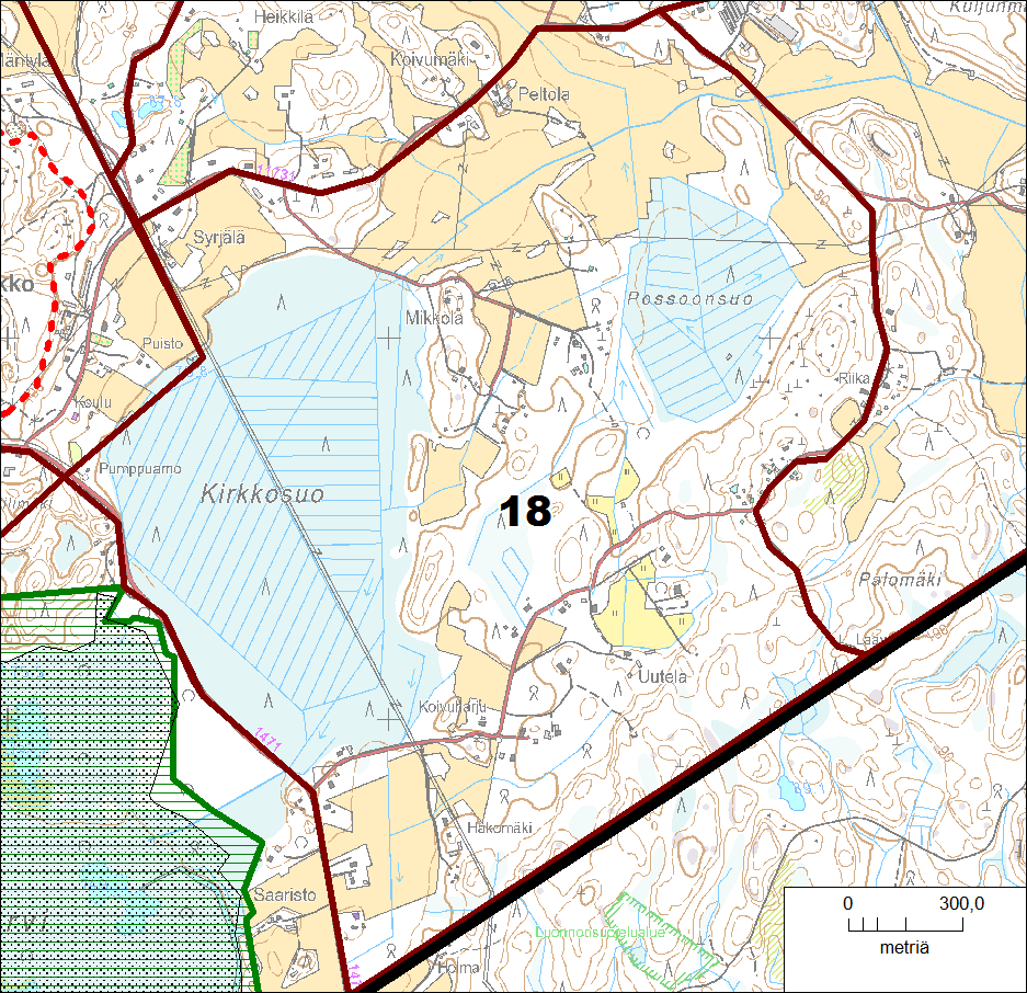 Vähäjärven itäpuoliset metsät on hakattu, Laaksolan tilan peltojen reunoilla on säilynyt varttuneempaa metsää.