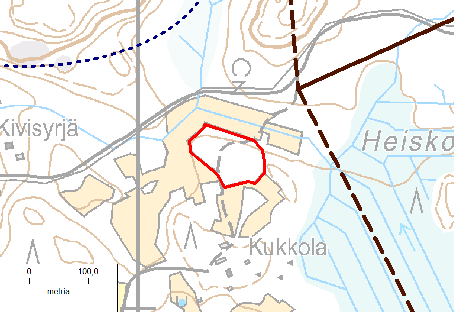 Kuva 28. Kukkolan liito-orava. Todettu liito-oravan elinympäristö, jossa oli vuonna 2008 ainakin yksi lajin lisääntymis- ja levähdyspaikka, on rajattu punaisella viivalla.