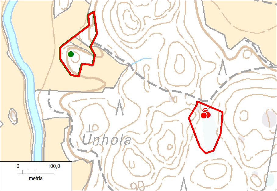 Kuva 36. Unholan liito-orava. Todettu liito-oravan elinympäristö on rajattu punaisella viivalla.