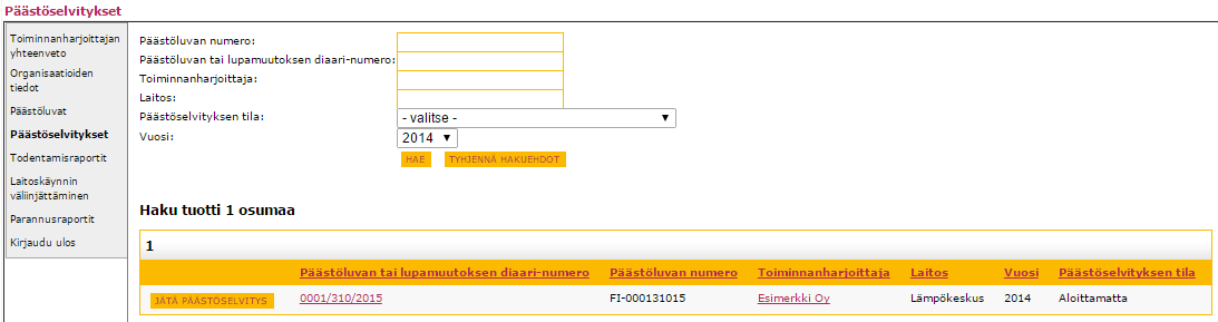 23 (36) Kuva 19 Päästöselvityslista Päästöselvityksen jättäminen voidaan aloittaa, kun: Päästölupa on ollut kalenterivuoden loppuun asti voimassa ja kalenterivuosi on päättynyt TAI Päästölupa on