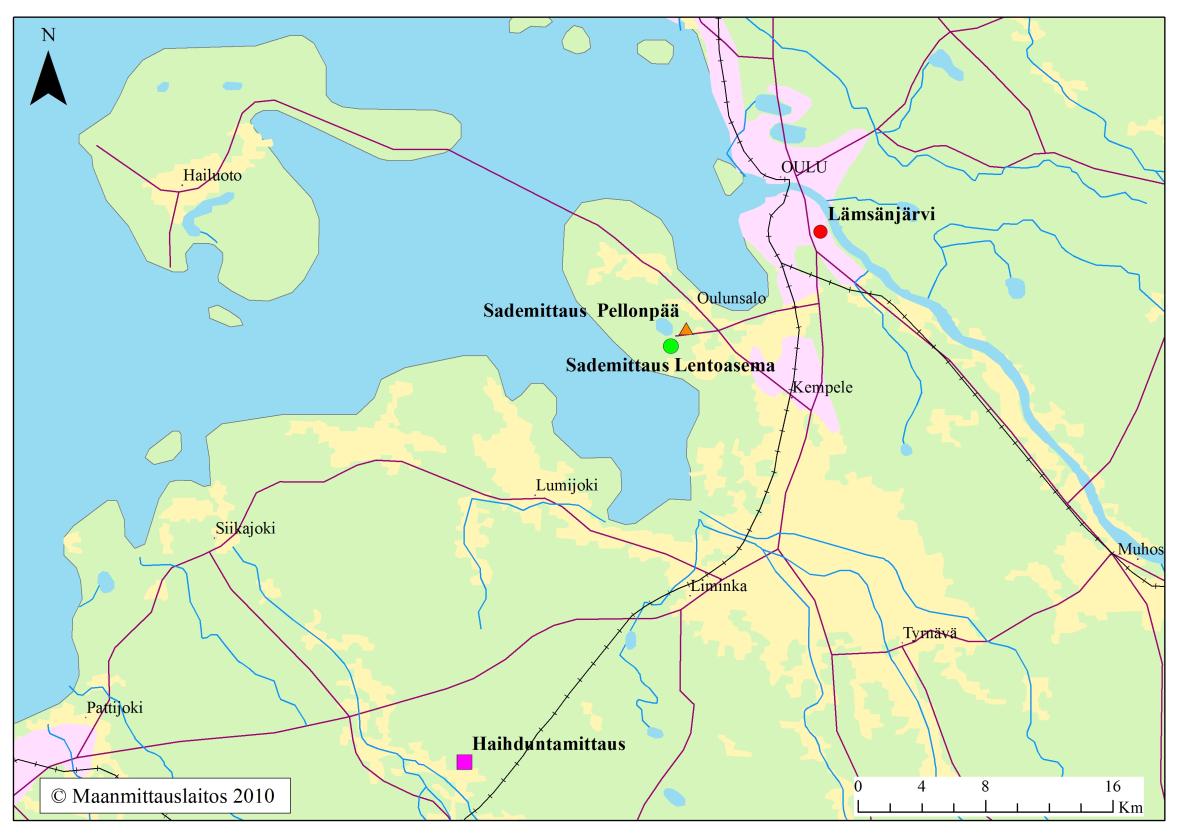 Kuva 16. Työssä käytettyjen sadanta- ja haihdunta-aineistojen havaintopaikat.
