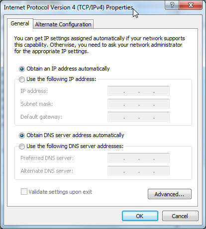 3. Voit hakea ipv4 IP -asetukset automaattisesti rastittamalla kohdan Obtain an IP address automatically (Hanki IP-osoite automaattisesti).