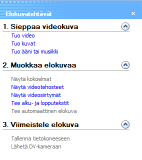 Kuva 2. Alaosan ruudut muuttuvat kuten yllä, helpommin käsiteltäväksi aikajanaksi. Video-raita on jaettu kolmeen osaan, joista ylimmälle tuodaan kuvaa sisältävä materiaali.