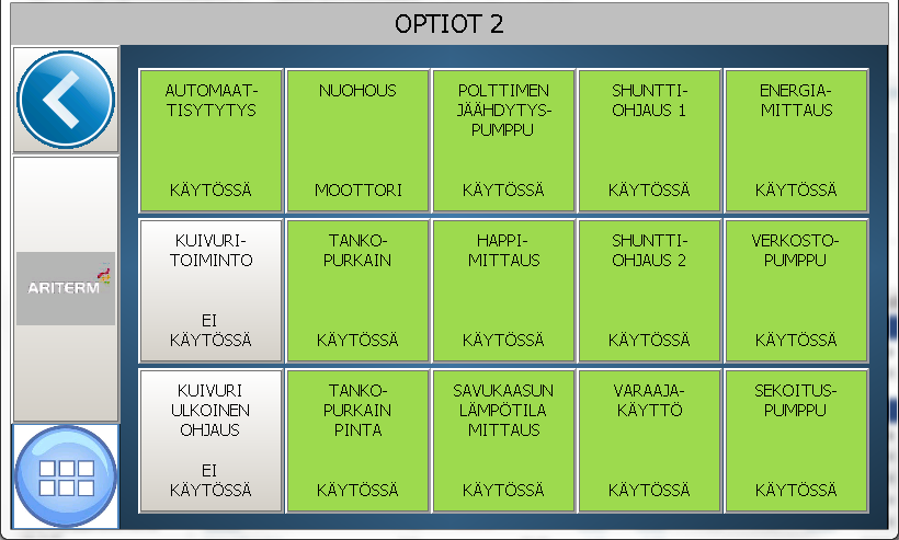 Kuva 8. Optiot 2-sivu 9. Kellonaika ja päivämäärä Asetukset näkyvät PÄÄSIVULLA vasemmassa ylälaidassa.