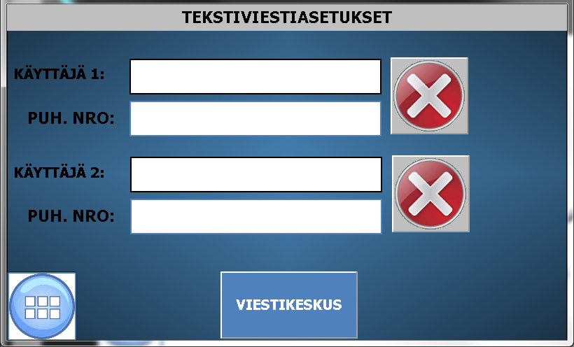 17.11 GSM-hälytykset Käyttäjä voi määrittää kaksi numeroa, joihin hälytys/varoitus-tekstiviestit lähetetään. VIESTIKESKUS-painikkeesta voidaan määrittää operaattorin viestikeskuksen numero.