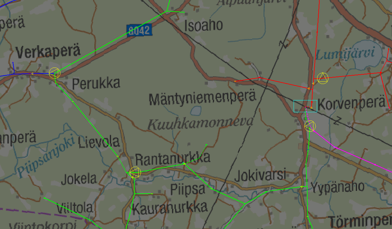 4. Verkon käyttötoiminta Elenialla 29 Kuva 4.3. DMS-järjestelmä; Järjestelmä tarjoaa käyttäjälle verkostokartan, jossa on taustalla maastokartta.