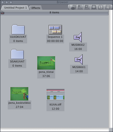 4 Editointityöpöytä BROWSER (selainikkuna) kaikki projektin sisältämät materiaalit: videoleikkeet, ääni- ja kuvatiedostot yms.