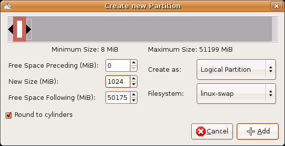 osioimatonta jatko-osiota ja klikkaamme New. Luomme 1 gigatavun swap-osion loogisena osiona linux-swap-tiedostojärjestelmällä. Siispä laita uudelle osiolle 1024 megatavua (l.