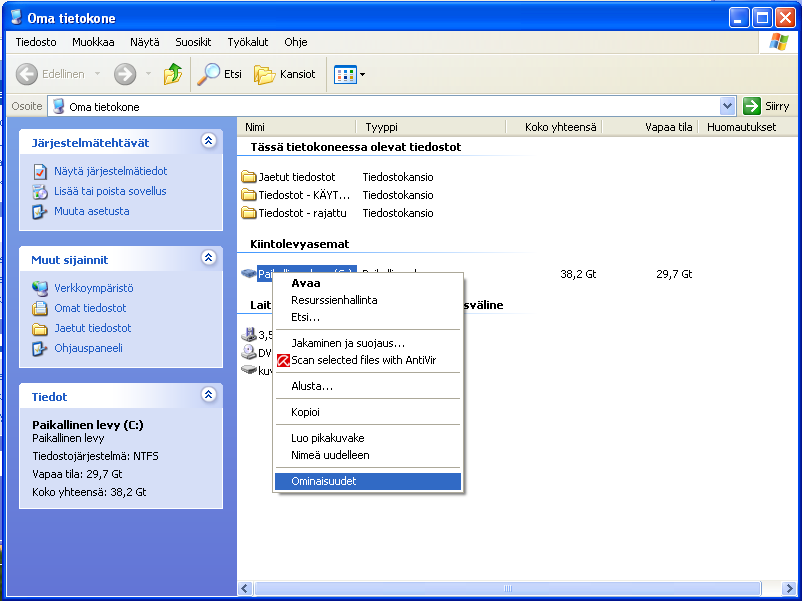 Windows-osion virheiden tarkistaminen Kirjaudutaan Windowsiin järjestelmänvalvojana ja avataan oma-tietokone, jonka jälkeen Windowsasemasta hiiren