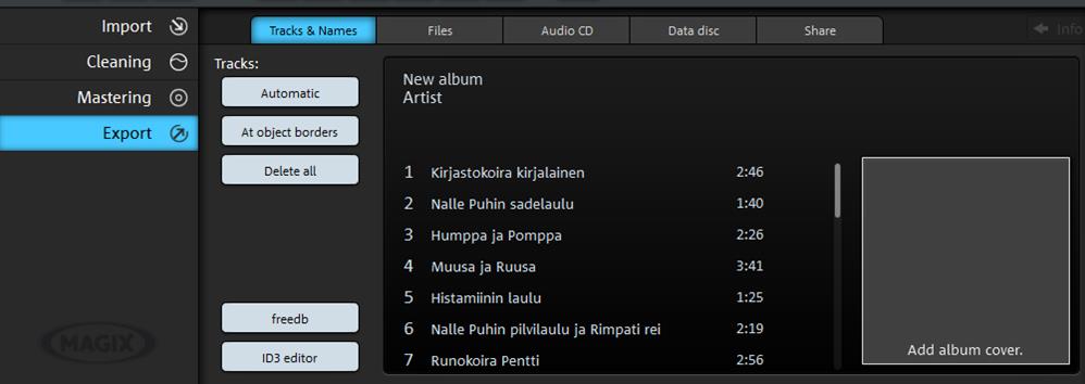 Mene lehdelle Export > Tracks & Names 2. Klikkaa painiketta Automatic. 3.