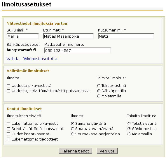 4.1 Ilmoitusasetukset Tässä osiossa voit valita, miten vastaanotat tiedon uusista viesteistä, koenumeroista, tiedotteista ja poissaoloista ym. opettajien kirjaamista merkinnöistä.