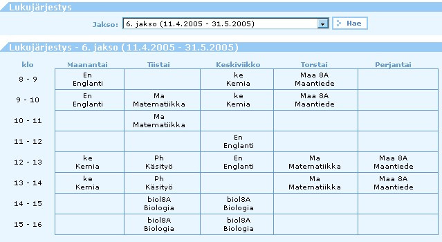 10 / 16 5 LUKUJÄRJESTYKSET Lukujärjestykset sivulla voi katsella oppilaan lukujärjestyksiä. Lukujärjestykset ovat jaksokohtaisia.