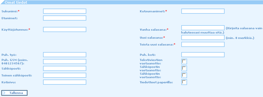 Linkit ovat henkilökohtaisia eivätkä näy muille käyttäjille. 12 OMAT TIEDOT Omat tiedot sivulla käyttäjä voi muuttaa omia tietojaan ja määrittää yhteystietonsa.