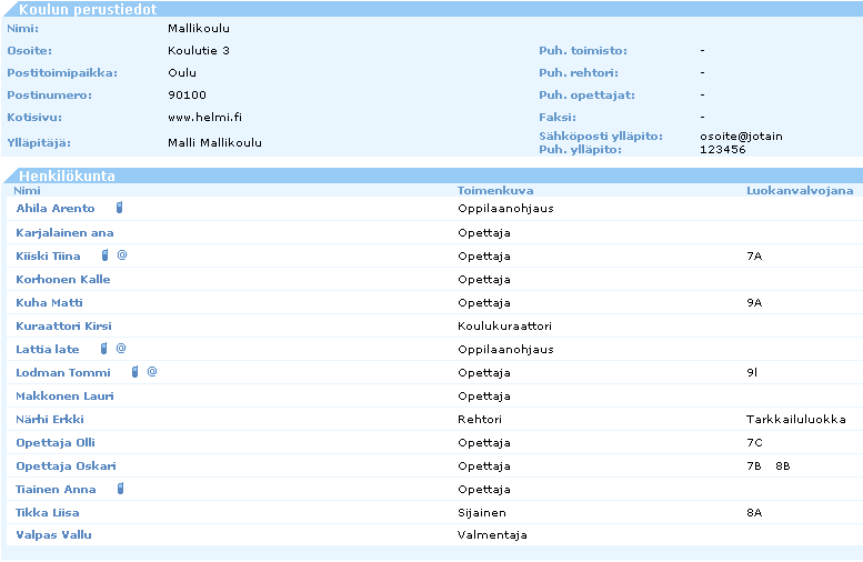 9 / 16 4 HENKILÖKUNTA Sivulla on listattuna koulun henkilökunta sekä koulun yhteystiedot ja ylläpitäjä.