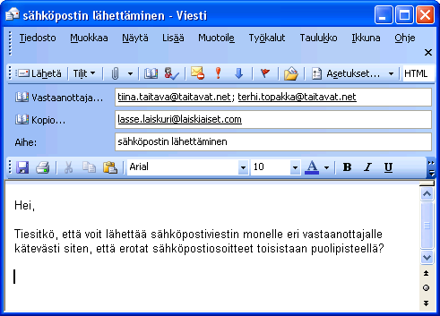 7.5.3.2 Osoitteen lisääminen Vastaanottaja-kenttään Voit kirjoittaa vastaanottajan sähköpostiosoitteen suoraan vastaanottaja - kenttään.