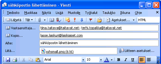 7.5.3.6 Liitetiedoston lisääminen Kun haluat liittää liitetiedostoja viestiin täytyy viestin ensin olla auki ruudulla. 1. Napsauta työkalurivin Lisää tiedosto -painiketta. 2.