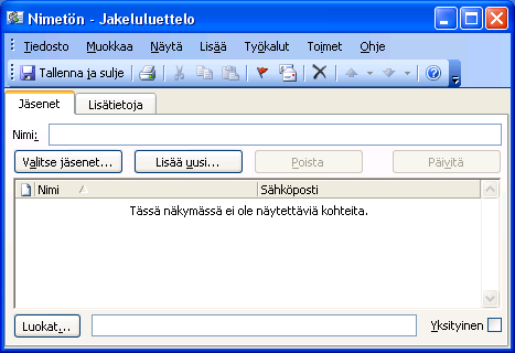 7.5.3.8 Viestin lähettäminen jakeluluettelolle Jakeluluettelo on kokoelma yhteystietoja. Sen avulla voi lähettää viestejä useista vastaanottajista koostuvalle ryhmälle.