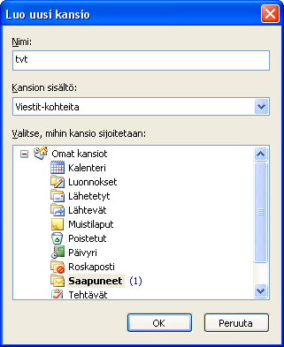 7.6.3.2 Uuden kansion luominen viesteille Alikansion luominen Saapuneet -kansiolle 1. Valitse Tiedosto -valikosta Uusi/Kansio. 2. Ruudulle aukeaa Luo uusi kansio -ikkuna. 3.