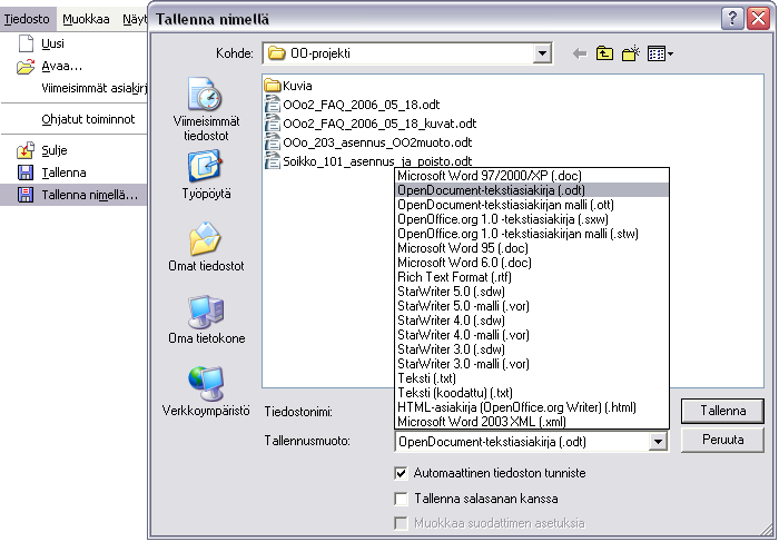 - 115 OpenOffice.org 1.0 -tekstiasiakirja (*.sxw) OpenOffice.org 1.0 -tekstiasiakirjan malli (*.stw) Microsoft Word 97/2000/XP (*.doc) Microsoft Word 2003 XML (*.xml) Microsoft Word 95 (*.