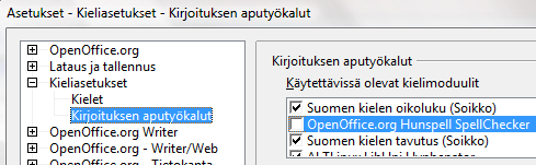 - 126 - Jos epäilet, että tavutuksen ja oikoluvun Soikko-ohjelma ei ole käytössä, voit tarkistaa asian toimenpiteellä Työkalut Asetukset Kieliasetukset Kirjoituksen aputyökalut.