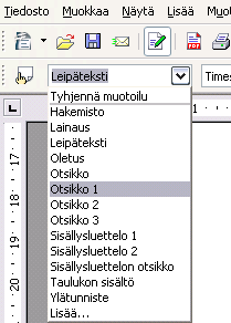 - 179 päimen painalluksella. Writerissa on valmiina 10 otsikkotyyliä (Otsikko 1, Otsikko 2,... Otsikko 10), mikä mahdollistaa 10-tasoisen otsikoinnin ja numeroinnin.