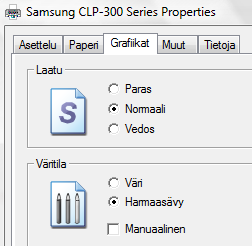 - 203 naisuudet sisältö vaihtelee eri kirjoittimilla. Esimerkin kirjoittimessa Samsung CLP-300 valitaan välilehti Grafiikat, josta päästään valitsemaan joko värillinen tai harmaasävytulostus.