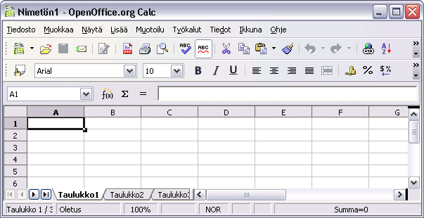 - 224 4. TAULUKKOLASKENTA - OPENOFFICE CALC 4.1. Käyttöliittymä 4.1.1. Millainen on taulukkolaskennan käyttöliittymä? Taulukkolaskennan yleisnäkymä on oheisen kuvan mukainen.