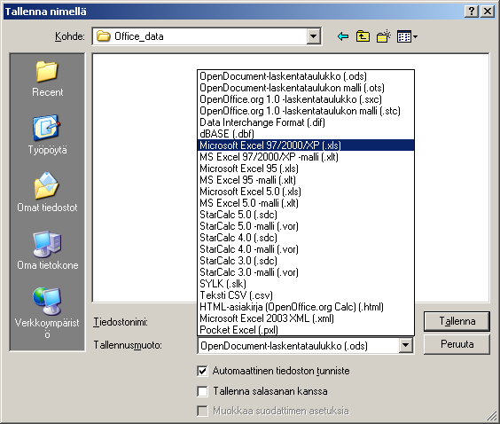 - 233 Microsoft Excel 97/2000/XP Microsoft Excel 2003 XML Microsoft Excel 95 Microsoft Excel 5 Valitse tallennuskansio, anna laskentataulukolle nimi ja hyväksy toimenpide painikkeesta Tallenna