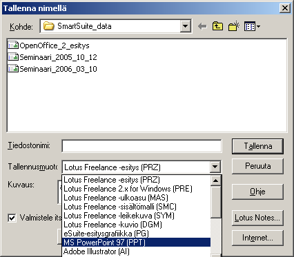 - 294 lance Graphicsissa toimenpide Tiedosto Tallenna nimellä. Valitse tiedoston tallennusmuodoksi MS PowerPoint 97.