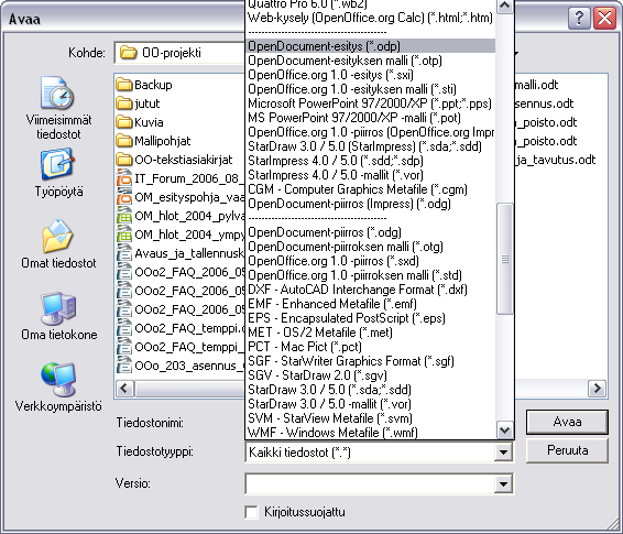- 299 1.x) tiedostomuodot (tiedostotarkenteet *.sxi ja *.sti) sekä useita muita esitysohjelmissa käytettyjä tiedostomuotoja. Avattavia tiedostomuotoja ovat mm: OpenDocument-esitys (*.