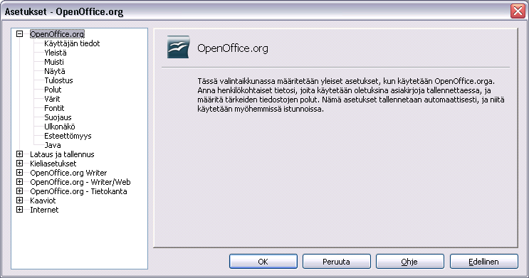 - 24 - (D1) OpenOffice.org Käyttäjän tiedot Kenttien täyttäminen harkinnan mukaan, esim. etu- ja sukunimi. Yleistä Tulostaminen asettaa asiakirjaa muokattu -tilan (pois).