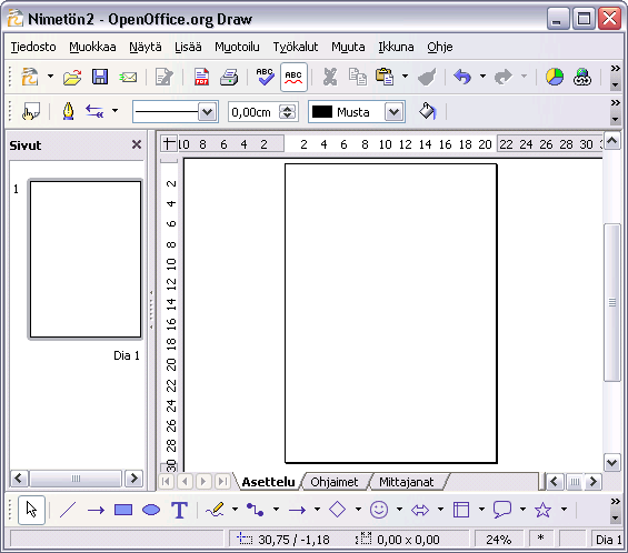 - 322 6. PIIRROSOHJELMA - OPENOFFICE DRAW 6.1. Käyttöliittymä 6.1.1. Millainen on piirrosohjelman käyttöliittymä? Piirrosohjelman käyttöliittymän yleisnäkymä on oheisen kuvan mukainen.