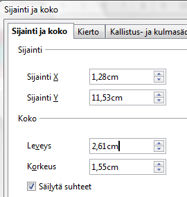 - 332 Kuvan koon pystyy määrittämään tarkasti napsauttamalla hiiren oikeaa näppäintä kuvan päällä ja valitsemalla ilmestyneestä listasta Sijainti ja koko.