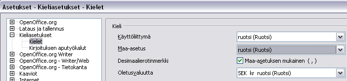 - 50 Kun ruotsin kielen lisäpaketti on asennettu, käyttöliittymän kielen vaihto tehdään OpenOfficen asetuksissa toimenpiteellä Työkalut Asetukset Kieliasetukset Kielet.