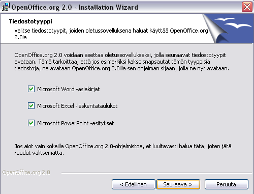 - 67 - (4) Avautuu näyttö "Tiedostotyyppi". Tällä näytöllä valitaan tiedostotyypit, jotka avataan automaattisesti OpenOffice.org 2.0 -ohjelmistolla.