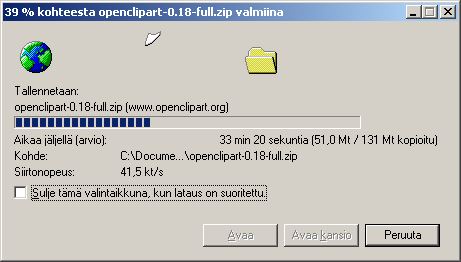 - 73 - Lataaminen on menossa, odota sen valmistumista. Esimerkkitapauksessa lataaminen kesti yli tunnin. Lataamisen jälkeen on vuorossa pakatun ZIP-tiedoston aukipurkaminen.