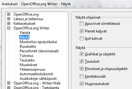 - 89 - Tekstinkäsittelyn lisäksi vastaava asetusmahdollisuus löytyy myös taulukkolaskennasta toiminnossa Työkalut Asetukset OpenOffice.org Calc Näytä. 2.5. Muut yhteiset toiminnot 2.5.1.