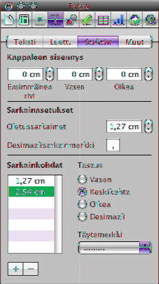 Vasen sarkain Oikea sarkain Siniset sarkainsymbolit tulevat näkyviin vaakasuuntaiselle viivaimelle, kun valitset tekstiä, jossa on käytetty sarkaimia.