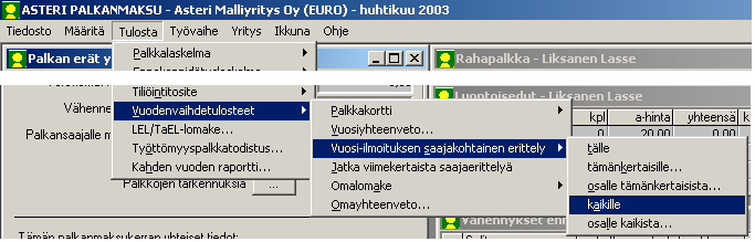 Työnantajan vuosi-ilmoitustietojen toimittaminen 2004 Työnantajan vuosi-ilmoitustiedot vuodelta 2004 voi toimittaa verottajalle lähettämällä Asteri ohjelman tuottaman konekielisen tiedoston joko