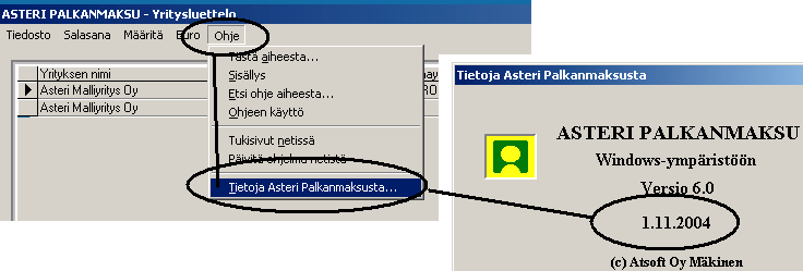 Päivityksen asentaminen Vuosipäivityksessä toimitetaan Asteri palkanmaksuohjelman ns. 6-versio, joka ensimmäisellä kerralla on asennettava koneelle valinnalla päivitys 6-versioon.