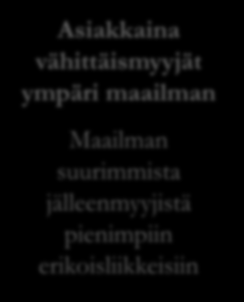 Konsernin oma, laajentuva jakeluyhtiöverkosto 34:ssä maassa ympäri maailmaa Australia, Valko-Venäjä, Brasilia, Kanada, Kiina, Tsekki*, Tanska, Viro, Suomi, Ranska, Unkari*, Islanti, Indonesia,