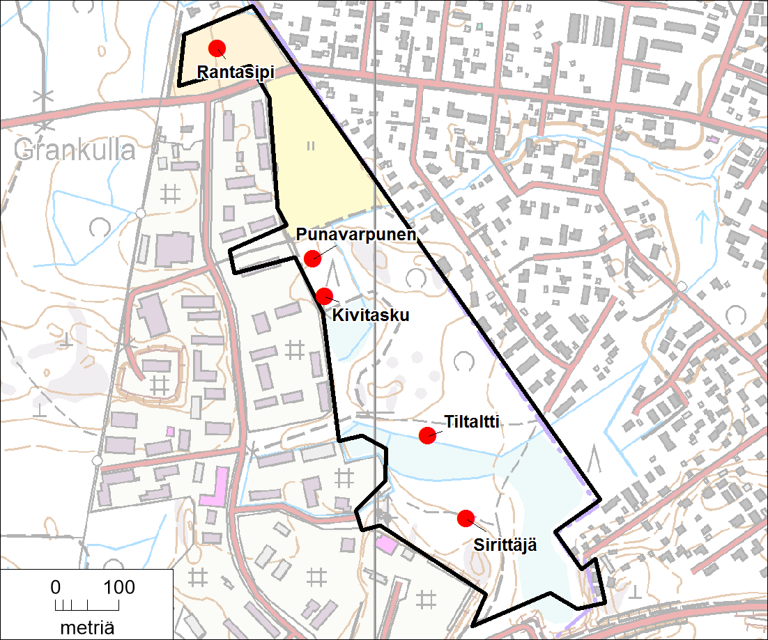 Kuva 6. Vuoden 2014 lintulaskennoissa tavattujen huomionarvoisten lintulajien reviirit. Taulukko 1. Kelatien työpaikka-alueen selvitysalueen lintulaskennoissa v. 2014 havaitut lajit. Laji 19.5. 16.6. fasaani harakka harmaasieppo hernekerttu hippiäinen kirjosieppo kivitasku käpytikka laulurastas leppälintu mustarastas närhi pajulintu peippo pikkuvarpunen Laji 19.