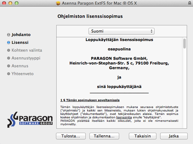 10 5. Seuraavalla sivulla näet Paragonin lisenssisopimuksen. Lue se huolellisesti ja valitse Jatka.