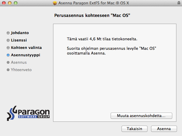 12 Valittuasi kohteen, napsauta Jatka. Ajuri voidaan asentaa vain aktiiviselle Mac OS X -järjestelmäosiolle, eli tässä tapauksessa Macintosh HD:lle. 10.